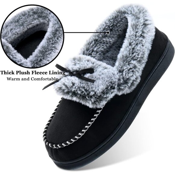 Women's Black Fuzzy Fluffy Warm Winter Soft Closed Back Fur Lined Slippers Boot - Picture 4 of 6